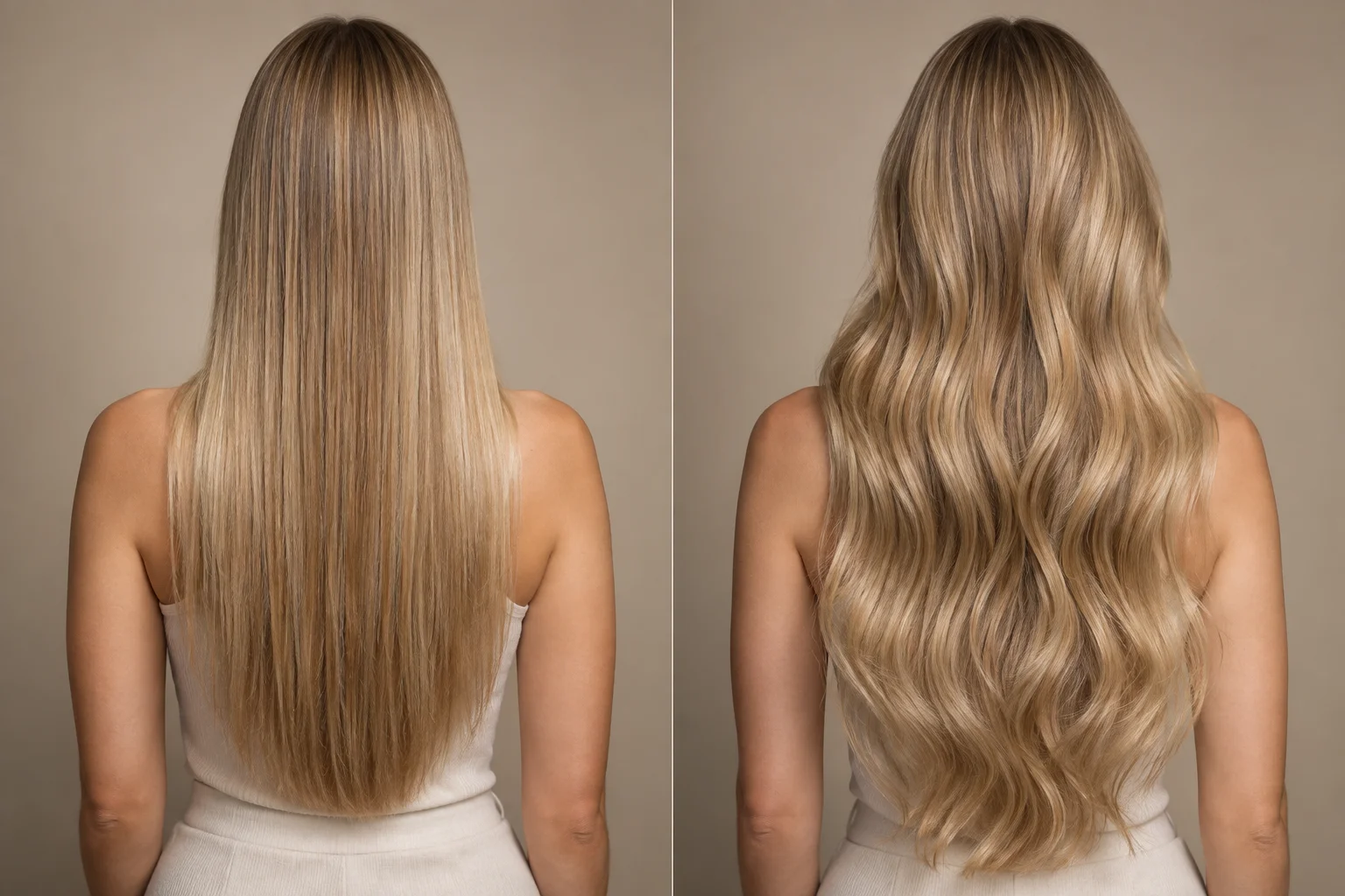 Illustrativer Vergleich eines glatten und gewellten blonden Haar-Looks