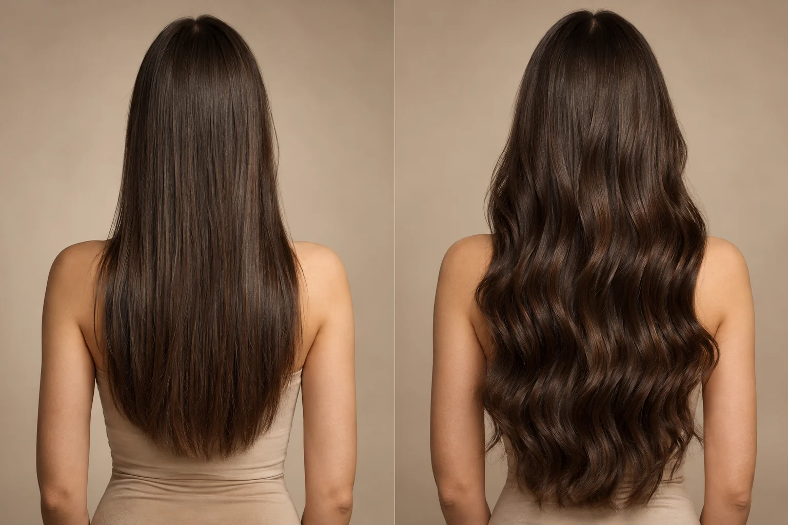 Illustrativer Vergleich eines glatten und gewellten braunen Haar-Looks